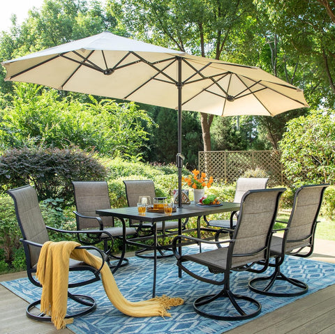 PHI VILLA 8-Piece 13ft Umbrella Patio Dining Set Textilene Swivel Chairs & Steel Table