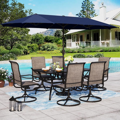 PHI VILLA 8-Piece 13ft Umbrella Patio Dining Set Textilene Swivel Chairs & Steel Table