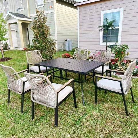 PHI VILLA 7-Piece Outdoor Patio Dining Set with Handcrafted Rattan Rope Chairs