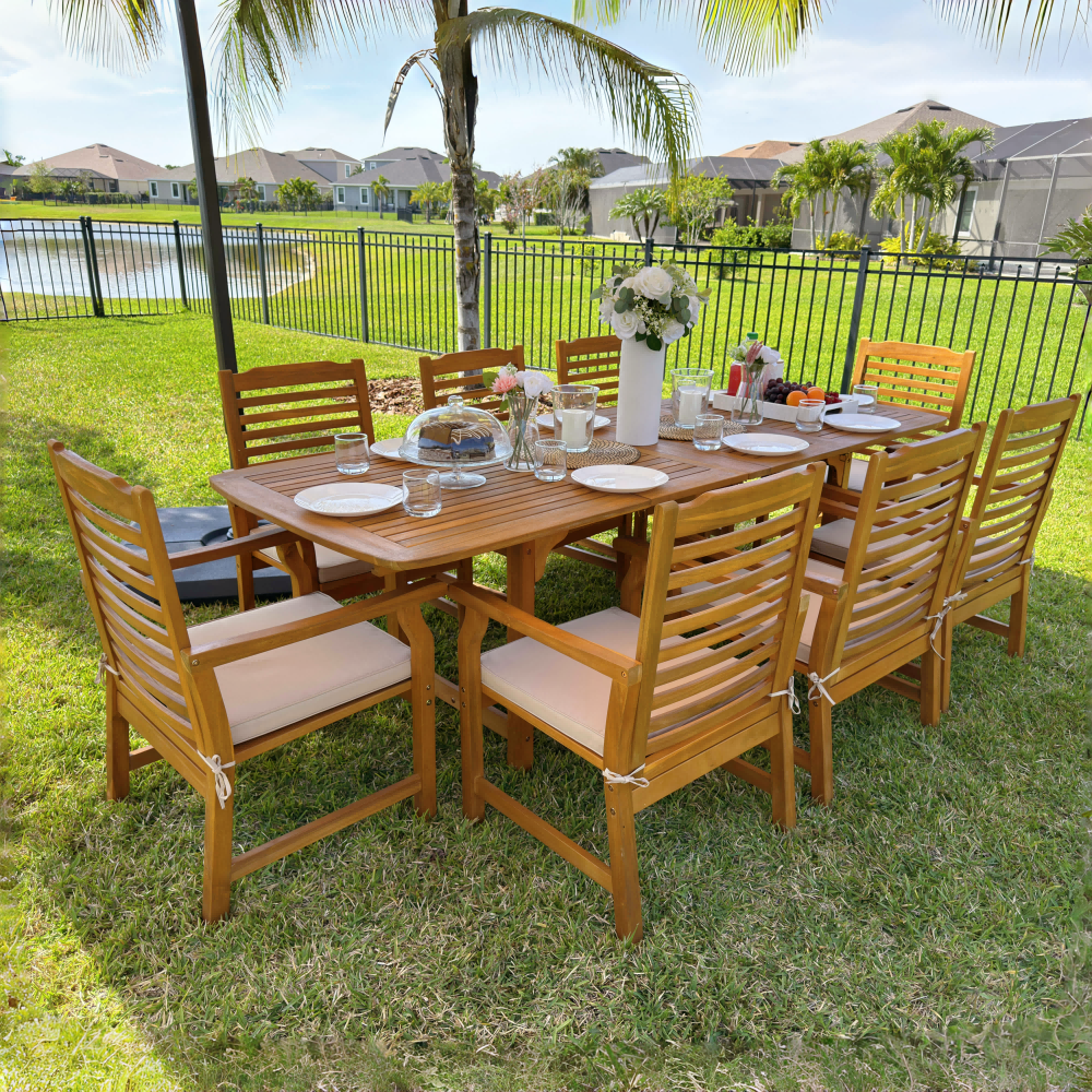 PHI VILLA Acacia Wood Patio Furniture Set Adjustable Table & Fixed Chairs