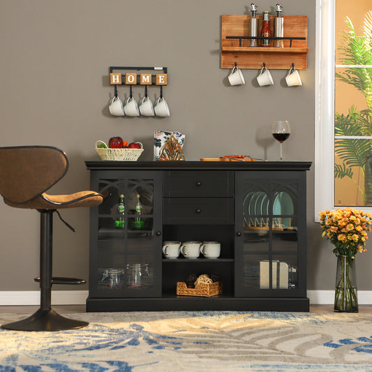 This stylish buffet with framed glass doors offers an elegant way to display cherished items while providing versatile kitchen organization, making it a perfect addition to any room in your home.