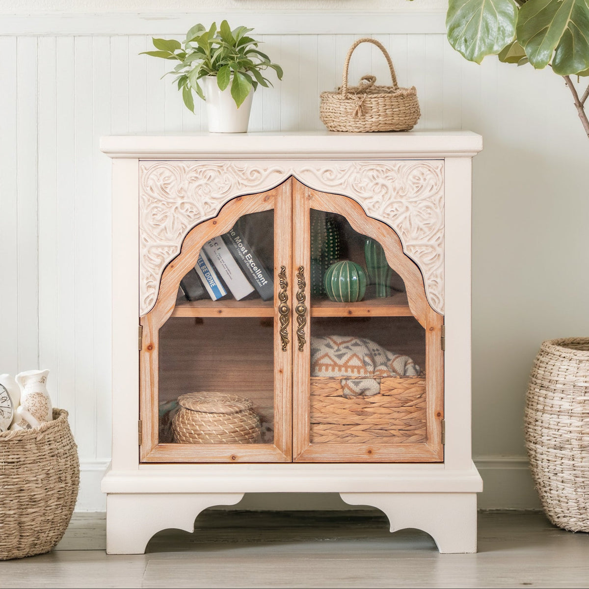 Vintage Hollow Carved 2 Door Wood Storage Cabinet -MFSTUDIO