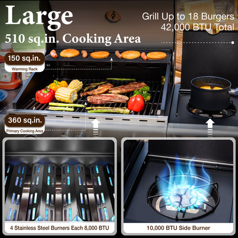 Captiva Designs 4-Burner Propane BBQ Grill with Side Burner for Outdoor Cooking