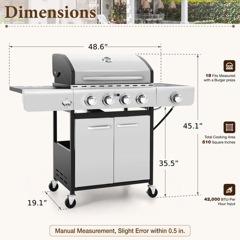 Captiva Designs 4-Burner Propane BBQ Grill with Side Burner for Outdoor Cooking