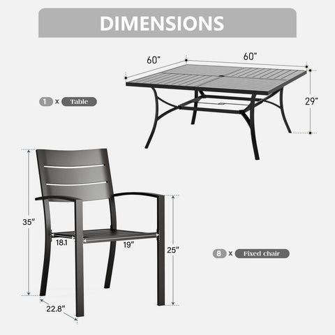 PHI VILLA 9-Piece Patio Dining Set Extra-large Square Table & Stackable Steel Fixed Chairs