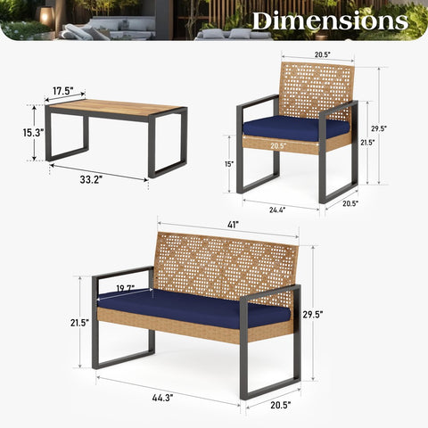 PHI VILLA 4-Piece Contemporary Rattan-wood Patio Conversation Set