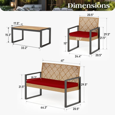 PHI VILLA 4-Piece Contemporary Rattan-wood Patio Conversation Set