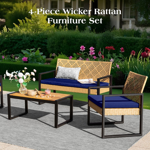 PHI VILLA 4-Piece Contemporary Rattan-wood Patio Conversation Set