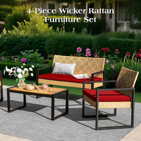 PHI VILLA 4-Piece Contemporary Rattan-wood Patio Conversation Set
