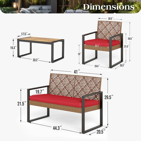 PHI VILLA 4-Piece Contemporary Rattan-wood Patio Conversation Set