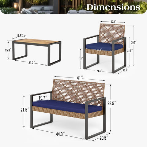 PHI VILLA 4-Piece Contemporary Rattan-wood Patio Conversation Set