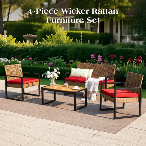 PHI VILLA 4-Piece Contemporary Rattan-wood Patio Conversation Set