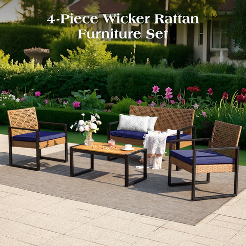 PHI VILLA 4-Piece Contemporary Rattan-wood Patio Conversation Set