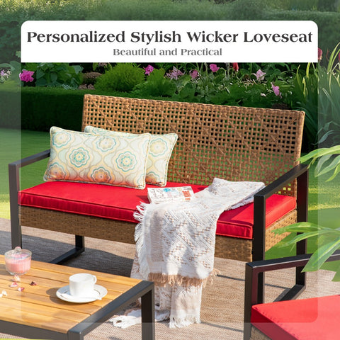 PHI VILLA 4-Piece Contemporary Rattan-wood Patio Conversation Set