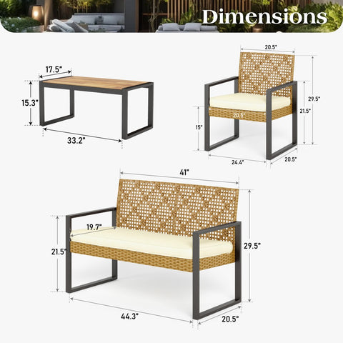 PHI VILLA 4-Piece Contemporary Rattan-wood Patio Conversation Set