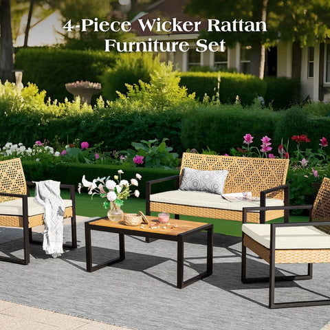 PHI VILLA 4-Piece Contemporary Rattan-wood Patio Conversation Set