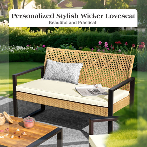 PHI VILLA 4-Piece Contemporary Rattan-wood Patio Conversation Set