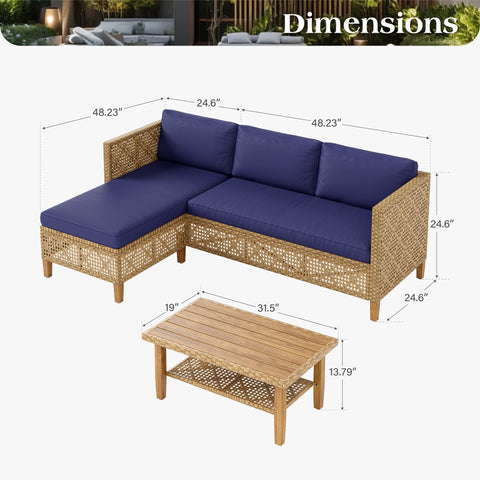 Boho Style Outdoor Wicker Conversation Sofa set with Acacia Wood Coffee Table - Sophia & William
