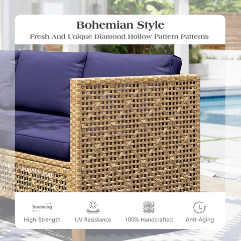 Boho Style Outdoor Wicker Conversation Sofa set with Acacia Wood Coffee Table - Sophia & William