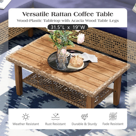 Boho Style Outdoor Wicker Conversation Sofa set with Acacia Wood Coffee Table - Sophia & William