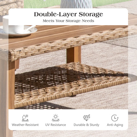 Boho Style Outdoor Wicker Conversation Sofa set with Acacia Wood Coffee Table - Sophia & William