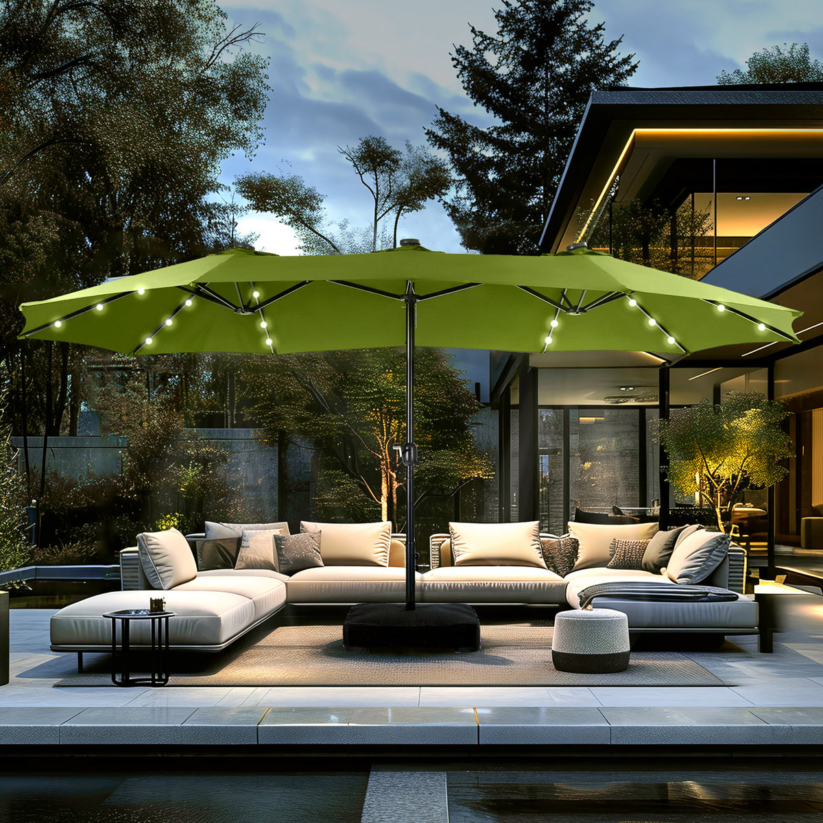 PHI VILLA 15ft Extra Large Double-Sided Patio Umbrella with Solar Powered LED Lights (Base Included)