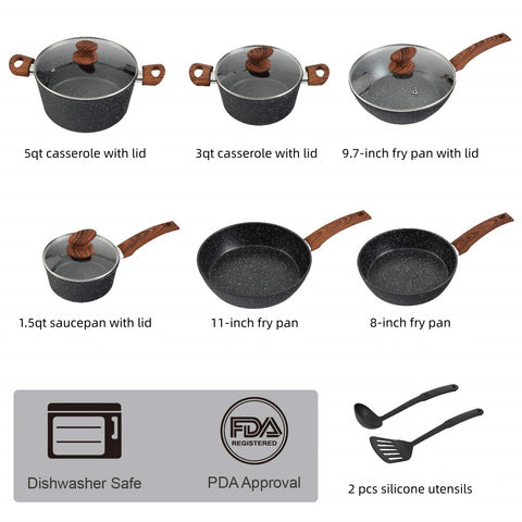 Kitchen Academy Induction Cookware Sets - 12 Piece Cooking Pan Set, Granite  Black Nonstick Pots and Pans Set