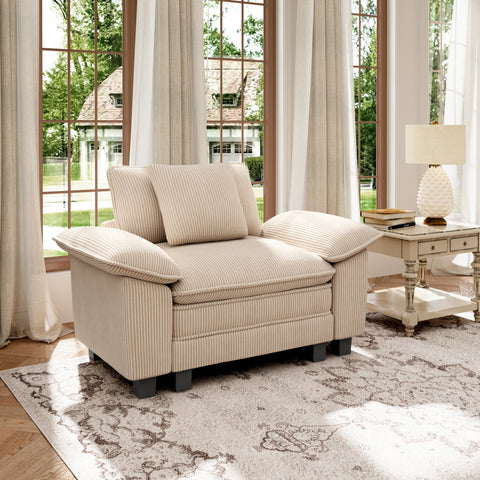 Beige corduroy sectional cloud sofa in a modern living room