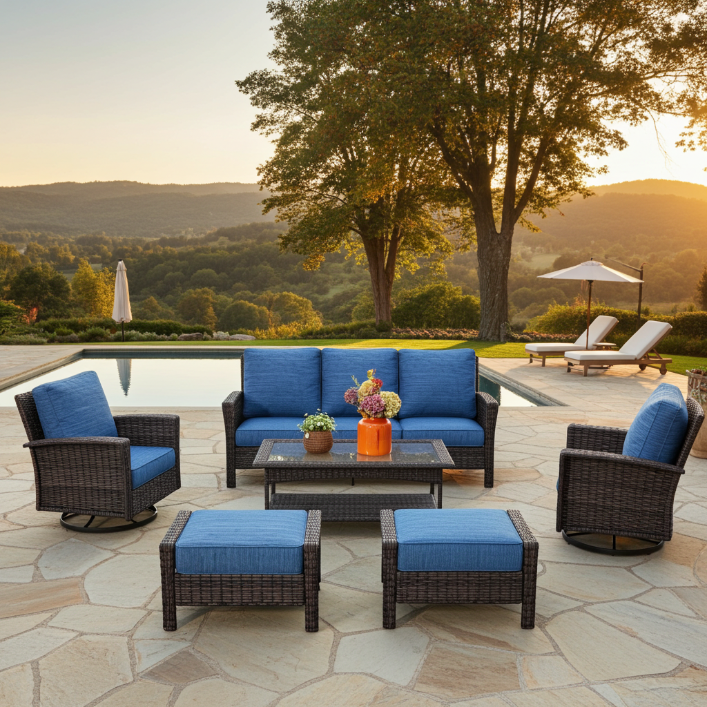 Phi Villa 5 Seats Wicker Patio Conversation Sofa Set with Swivel Chairs