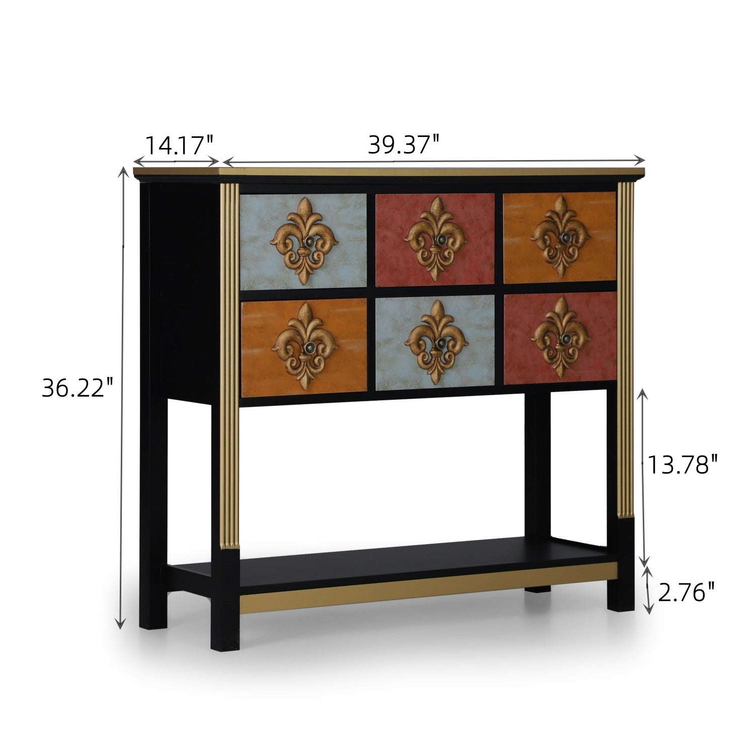 6-Drawer Royal Flower Console Table with Bottom Shelf -MFSTUDIO