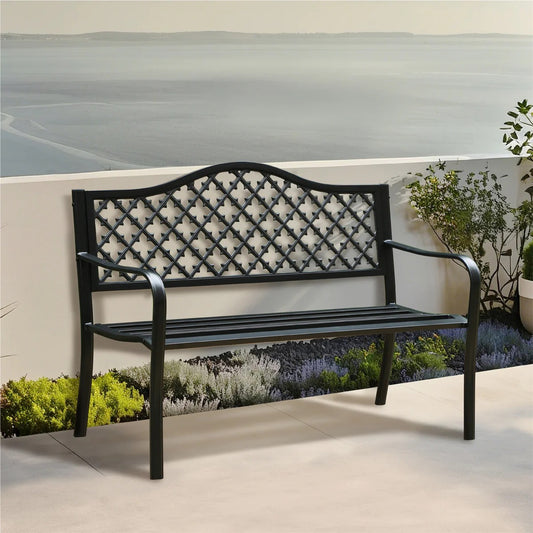 PHI VILLA 50" Heavy-Duty Metal Outdoor Garden Bench with Backrest & Armrests for Patio, Lawn, and Yard