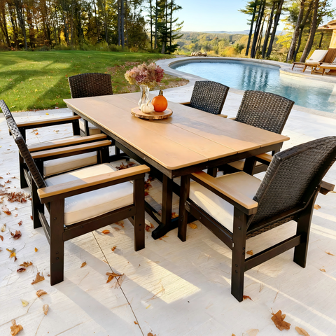 PHIVILLA 7-Piece Outdoor Dining Set with HDPE Rattan Chair and Wood-grain Table