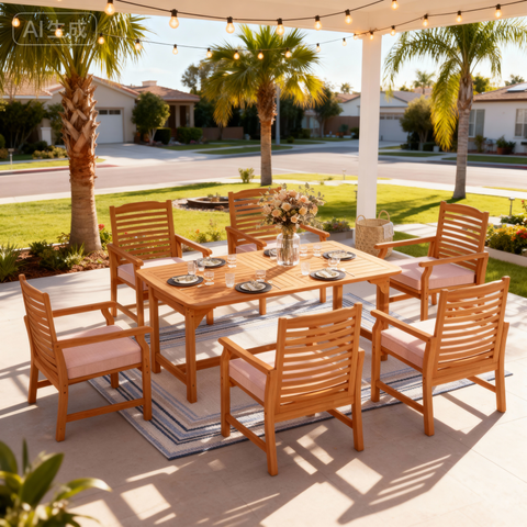 PHI VILLA Acacia Wood Patio Furniture Set Adjustable Table & Fixed Chairs