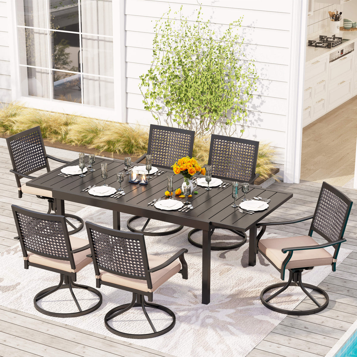 MFSTUDIO Outdoor Dining Set Extendable Steel Table & Bull's Eye Pattern Dining Chairs
