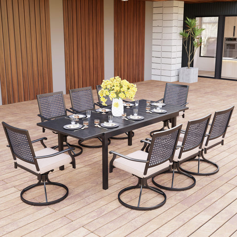 MFSTUDIO Outdoor Dining Set Extendable Steel Table & Bull's Eye Pattern Dining Chairs