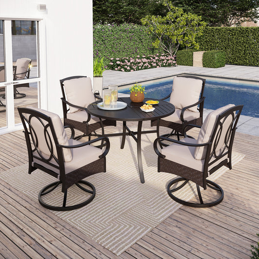 Sophia & William 5-Piece Rattan-Steel Swivel Chairs & Geometrically Stamped Round Table Outdoor Dining Set