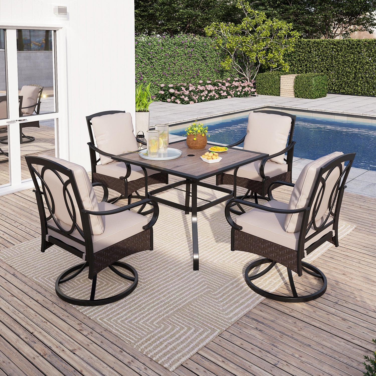 square table outdoor dining set with 4 swivel chairs