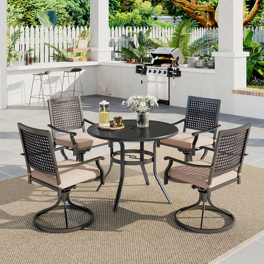 PHI VILLA 5-Piece Round Table & 4 Bulleye Pattern Swivel Chairs Outdoor Dining Set