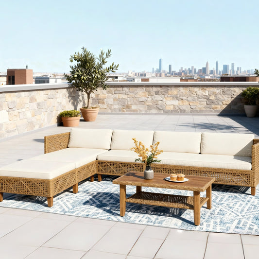 Boho Style Outdoor Wicker Conversation Sofa set with Acacia Wood Coffee Table - Sophia & William