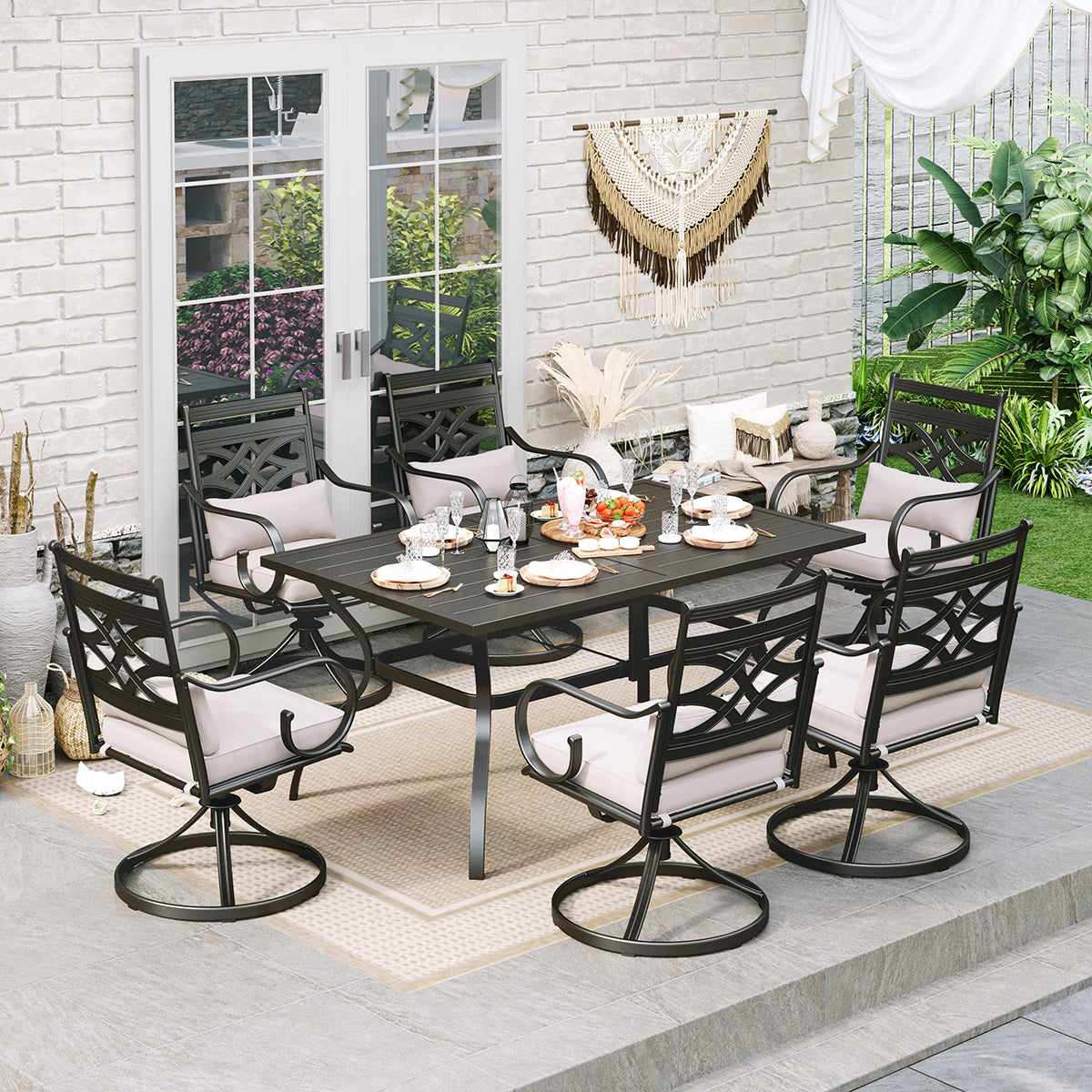 MFSTUDIO 7-Piece Steel Table & Elegant Cast Iron Pattern Swivel Dining Chairs Patio Dining Set