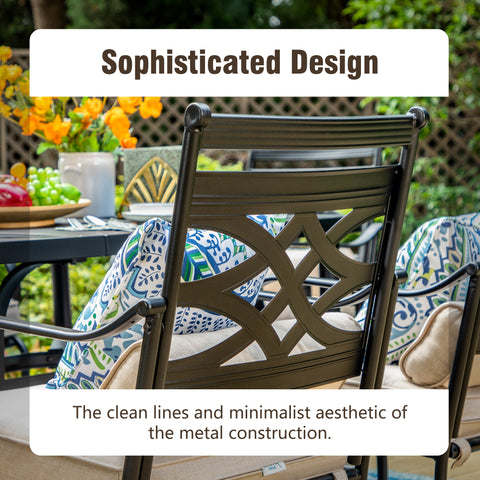 8-Piece 13ft Umbrella Patio Dining Set with Elegant Cast Iron Pattern Swivel Chairs- Sophia & William