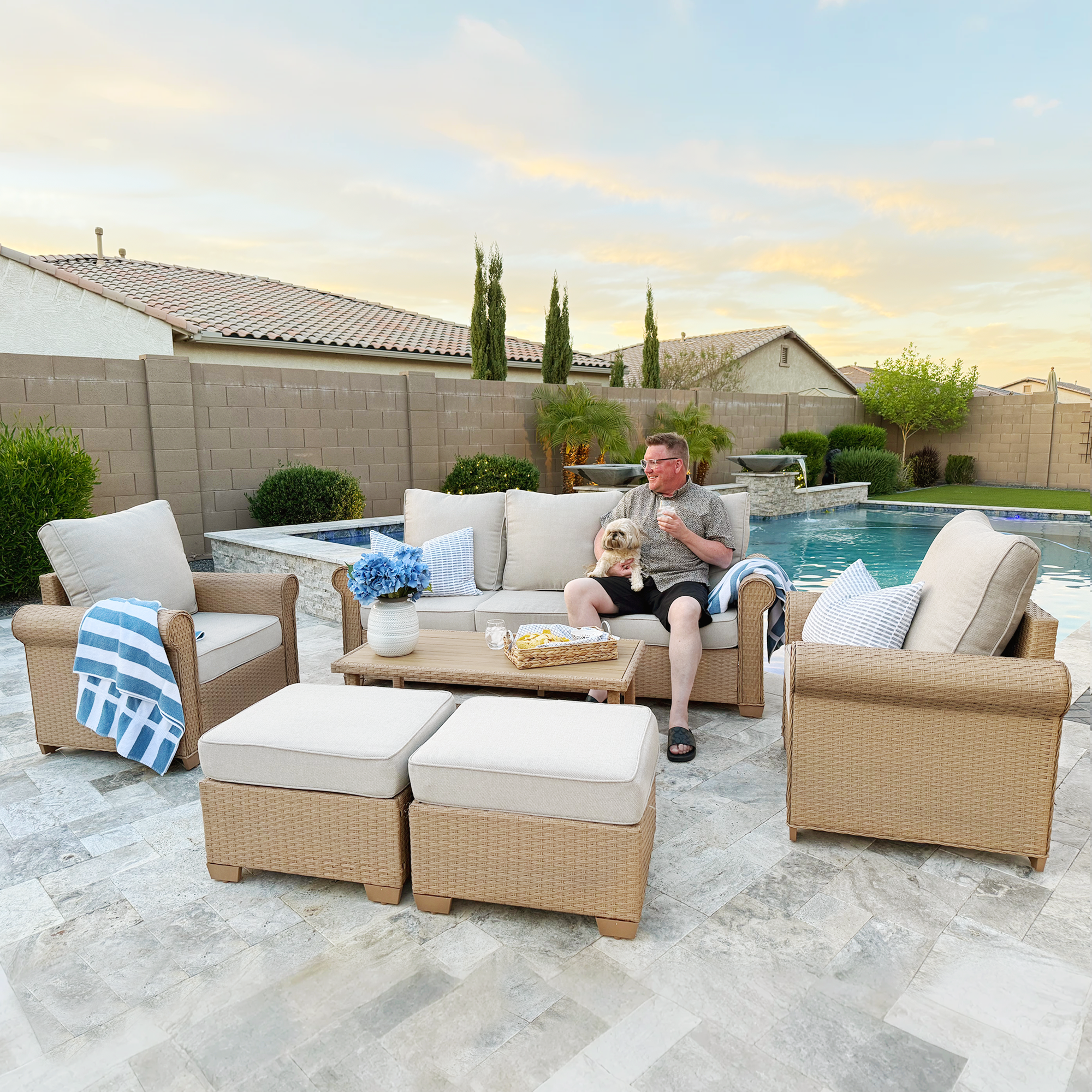 Beige 5-seat wicker outdoor furniture sofa set with 2 ottomans and coffee table