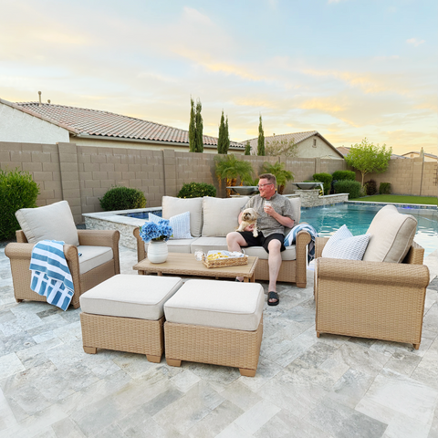 Beige 5-seat wicker outdoor furniture sofa set with 2 ottomans and coffee table