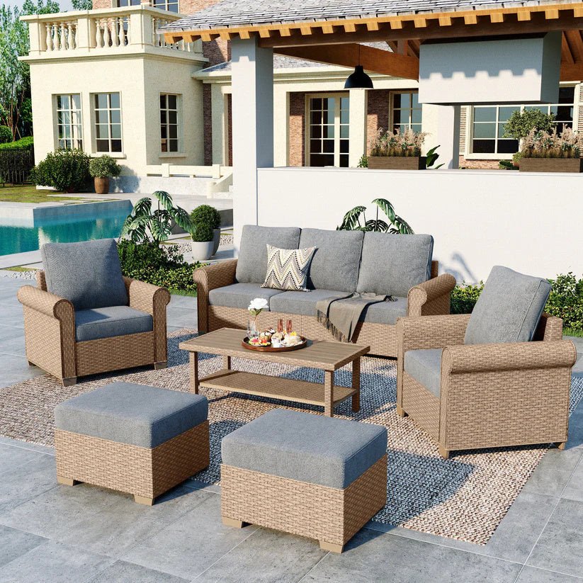 Grey 5-seat wicker outdoor furniture sofa set with 2 ottomans and coffee table