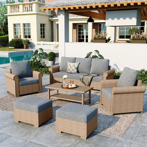 Grey 5-seat wicker outdoor furniture sofa set with 2 ottomans and coffee table