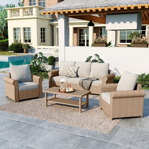 Beige 5-seat wicker outdoor furniture sofa set with coffee table