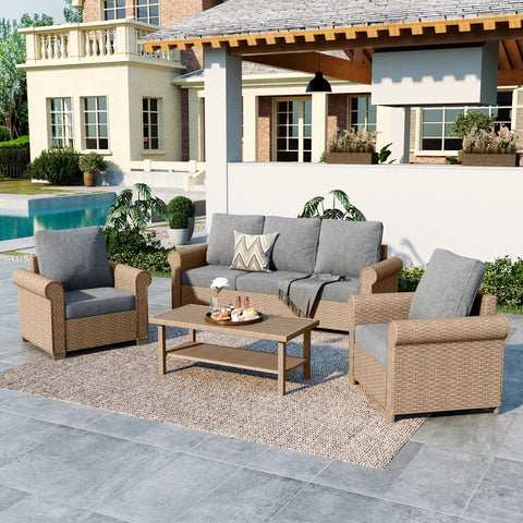 Grey 5-seat wicker outdoor furniture sofa set with coffee table