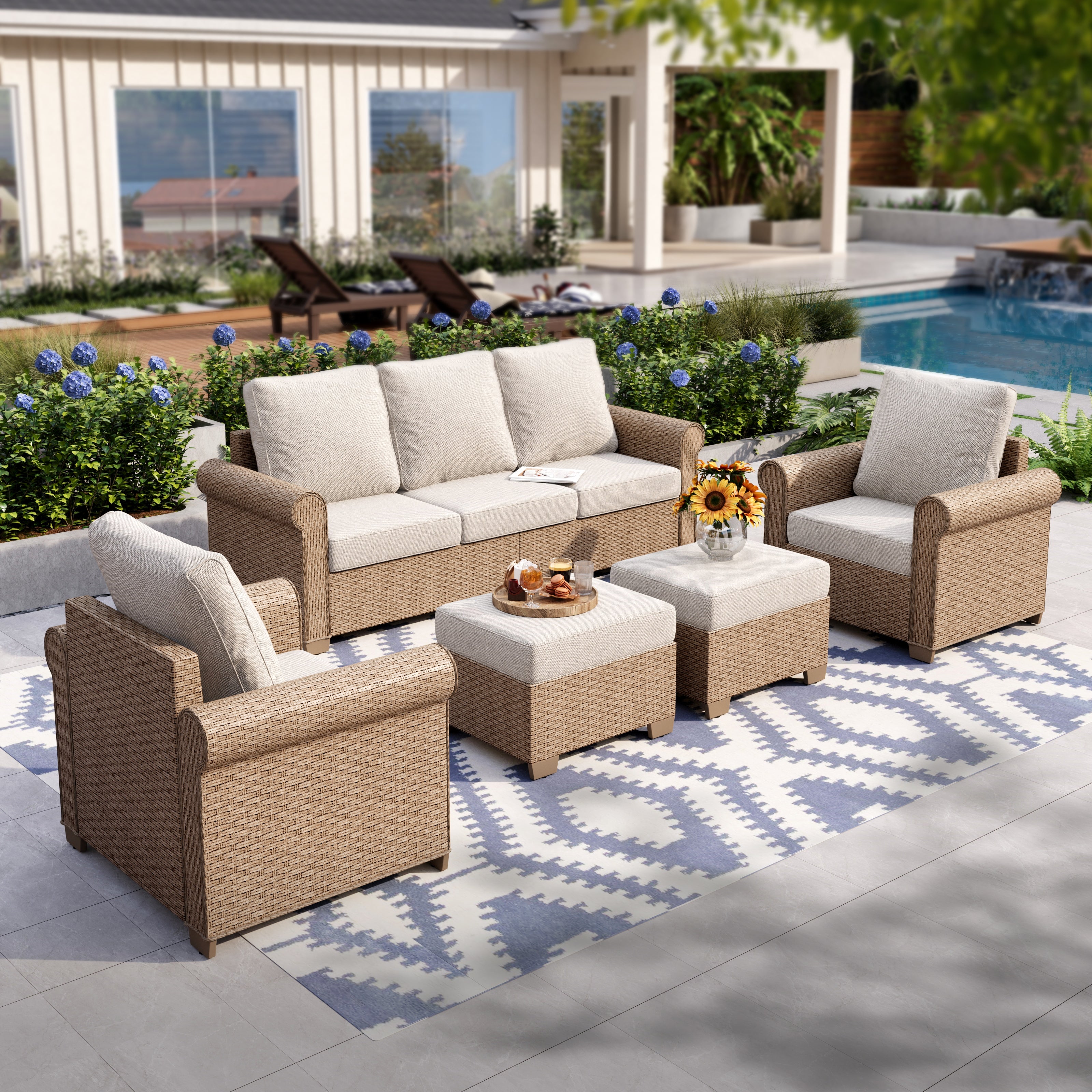 Beige 5-seat wicker outdoor furniture sofa set with ottoman