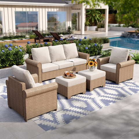 Beige 5-seat wicker outdoor furniture sofa set with ottoman