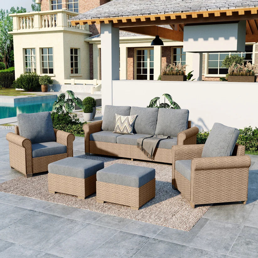 Grey 5-seat wicker outdoor furniture sofa set with ottoman